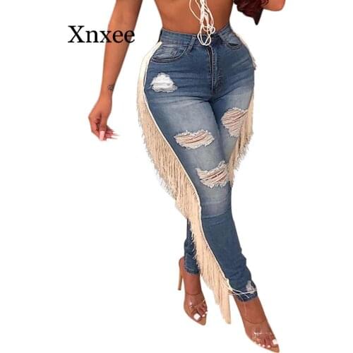 Black Denim pants africa Style Hole Tassel Pants High Waist Skinny Jeans Femme Spring Casual Plus Size Jeans Streetwear Dzinsy
