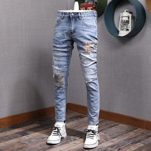 American Street Fashion Men Jeans Retro Light Blue Elastic Slim Ripped Jeans Men Embroidery Patches Designer Hip Hop Denim Pants
