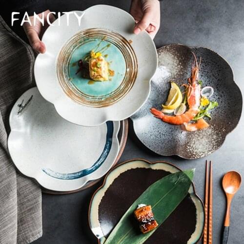 FANCITY Japanese hand-painted flower-shaped ceramic plate retro cuisine sushi plate dessert plate dish plate household restauran