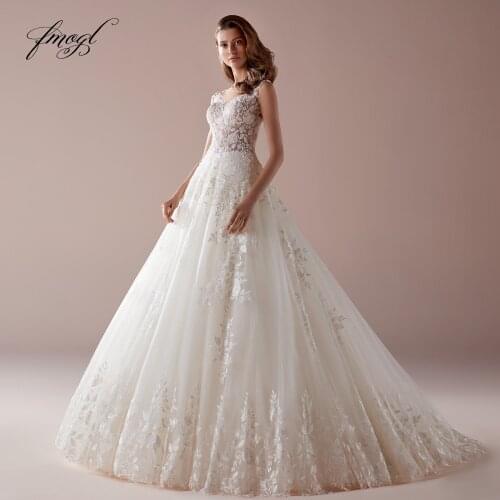 Fmogl Sexy Backless Scoop Neck A Line Wedding Dresses 2020 Luxury Appliques Beaded Sweep Train Lace Vintage Bridal Gowns