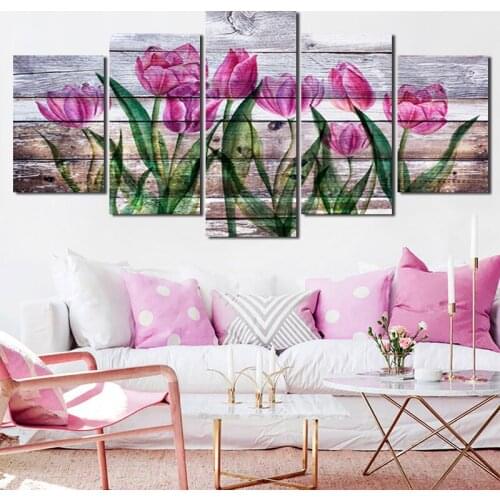 Hd Nordic Plant Printed Canvas Painting Art Wall Posters Pink Flowers Pictures On Modern Wood Boards Decor Murals 5Pcs Frameless
