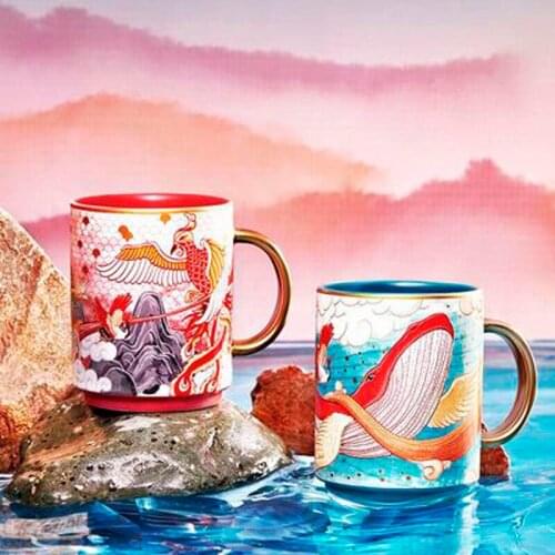 Phoenix Bird Roc Whale Pattern Chinese Style Retro Ceramics Mug Coffee Milk Tea Mug Couple Cups Drinkware Teaware with Spoon