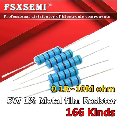10pcs/lot 5W 1% Metal film Resistor resistance 0.1R~10M 1K 1.2 1.3 3.3 10 22 33 120 360 18 390 470 82 R K ohm 10K 100K 1M
