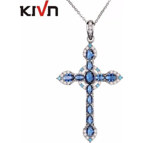 KIVN Fashion Jewelry Blue Cubic Zirconia Womens Girls Bridal Wedding Cross Pendant Necklaces Birthday Gifts 10pcs Lots Wholesale