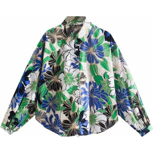 Za Women New Autumn Retro Print Simple Style Loose Long Sleeve V Neck Shirt Casual Chic Top XITIMEAO