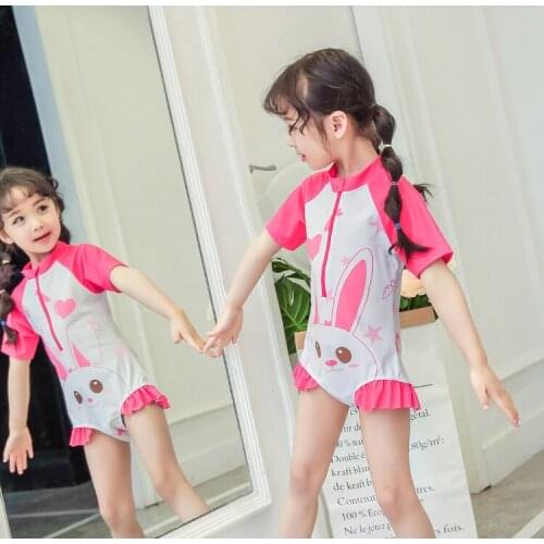 New childrens swimsuit one-piece girls swimsuit five-point sleeve powder sunscreen Korean version zipper swimsuit