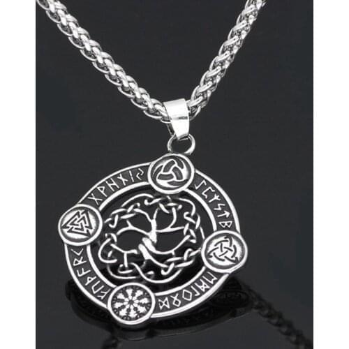 New Personality Celtic Tree of Life Round Pendant Necklace Mens Viking Rune Amulet Necklace Pendant Accessories Party Jewelry
