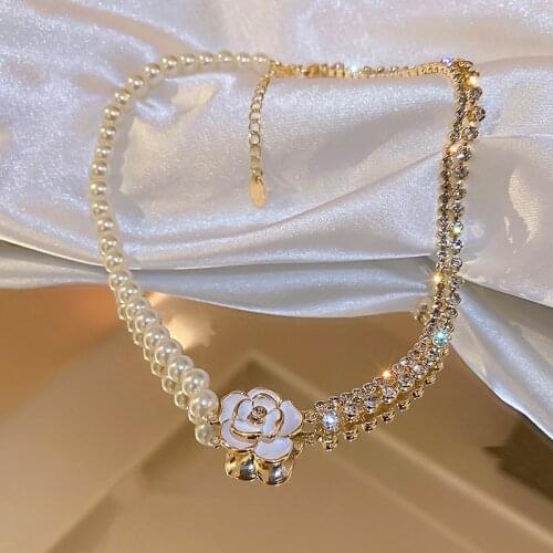 FYUAN White Flower Crystal Choker Necklaces for Women Pearl Chain Rhinestone Necklaces Weddings Jewelry