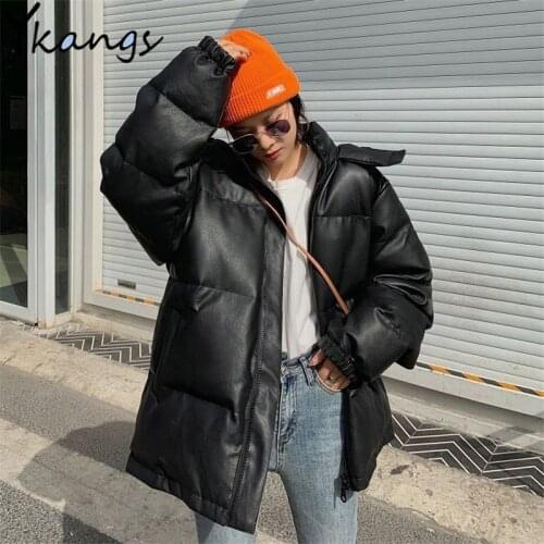 PU Leather Bread Hooded Warm Cotton Coat Novelties WomenS Korean Mid-Length Winter Jacket Loose 2020 New Style Trendy Clothing