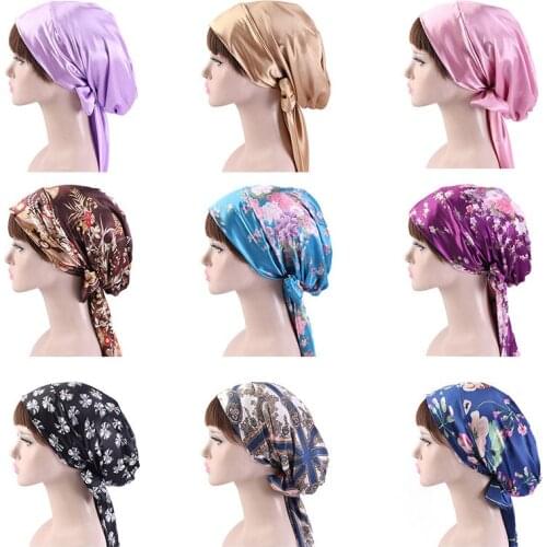 2020 Fashion Ladies Satin Floral Bow Headscarf Turban Hairwear Women Soft Sleeping Bonnet Hair Wrap Women Cap Beanies Skullies