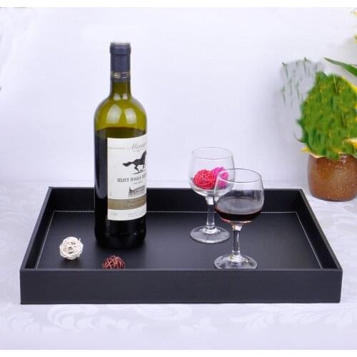 40.5x30.5cm rectangle wood black leather serving tray trays bandejas for tableware food fruit snacks sugars storage 293A