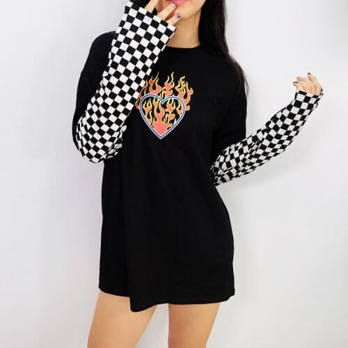 Printed round collar plaid spliced long-sleeved sweatshirt clothes album para top titan clothing punk