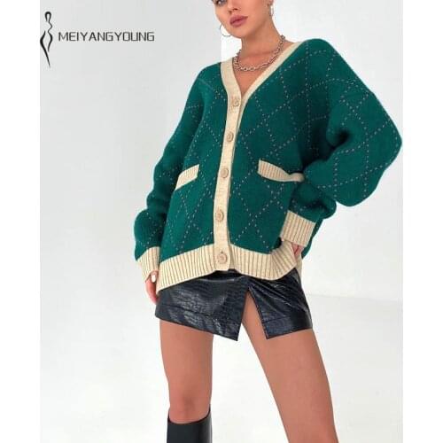 MEIYANGYOUNG Loose Green Sweater Argyle Causal Cashmere Sweaters Women Button-down Knitted Cardigan Oversize Female Jumper Coat