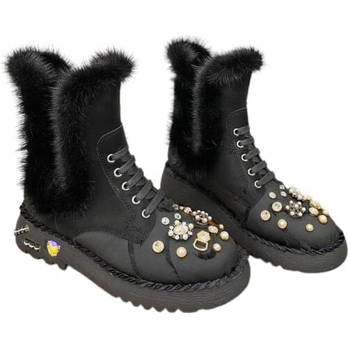 Black Mink Fur Womens Ankle Boots 2021 Winter Genuine Leather Rhinestones Studded Snow Martin Boots Warm Plush Winter Shoes