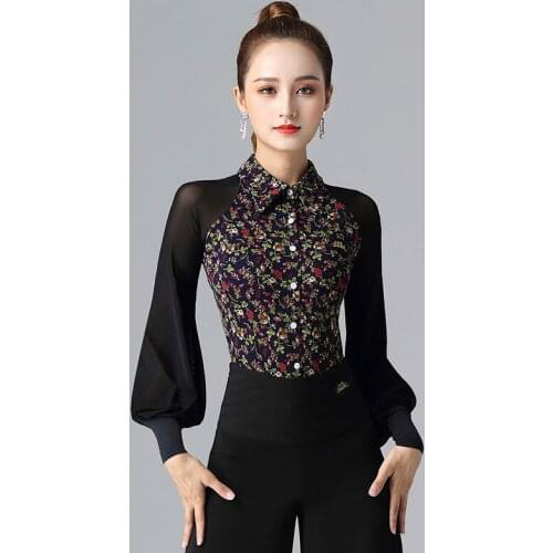 Ballroom Latin Dance Practice Clothes Womens Waltz Jumpsuit Sexy Lantern Sleeves Printed Tops Adult Latin Dance Clothes DL6715