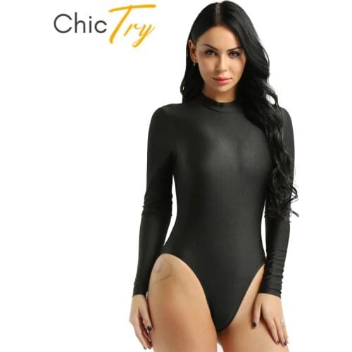 ChicTry Women Long Sleeve Slim Casual Bodysuit Swimsuit Stand Collar Solid Color Stretchy Ballet Gymnastics Leotard Dance Wear