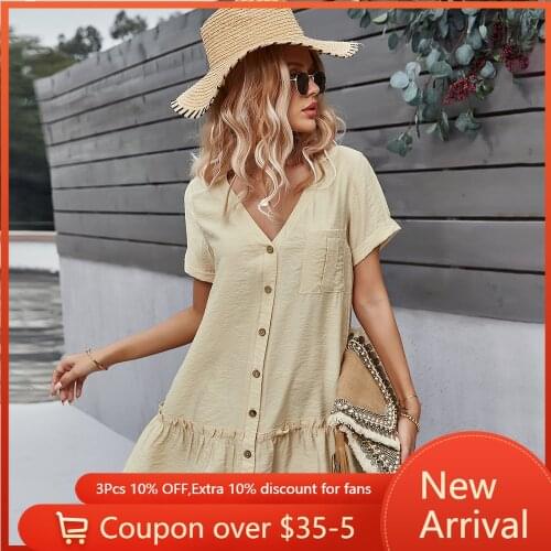 New Summer womens dress Knee-Length solid color v neck Office Lady short sleeve A-line dresses for women