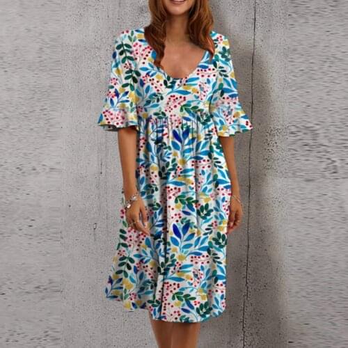Ruffle Short Sleeve Women Dresses Summer 2021 New V Neck Retro Shattered Flower Print Boho Beach Dress Sundress Loose Mini Dress