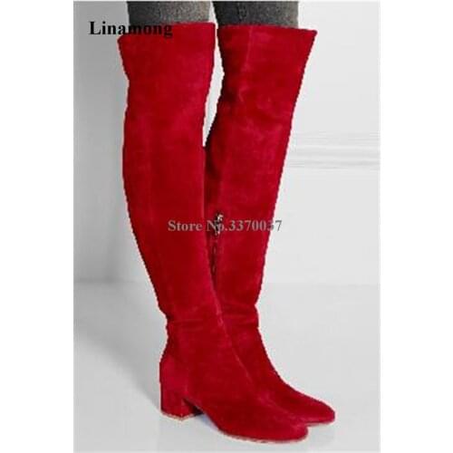 Winter New Fashion Women Round Toe Suede Leather Over Knee Low Chunky Heel Boots Red Grey Long Knight Boots Motorcycle Boots