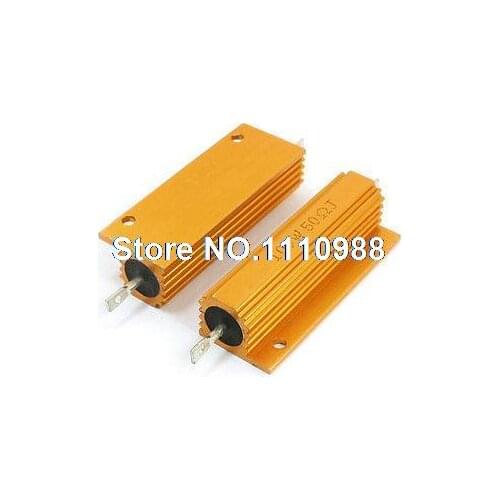 2PCS 100Watt 50 Ohm Gold Tone Aluminum Housed Clad Wirewound Resistor