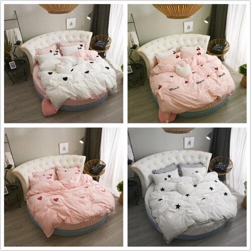 100% Pure Cotton Round Bed 4 Pcs Leopard Print Cartoon Stripe Lattice Pillowcase & Duvet Cover Fitted Sheet Sets 200cm 220cm