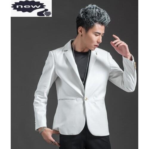 Brand Genuine Leather Men Luxury Lapel Slim Fit Business Cowhide Suit Jacket Fashion Single Button White Blazer Plus Size