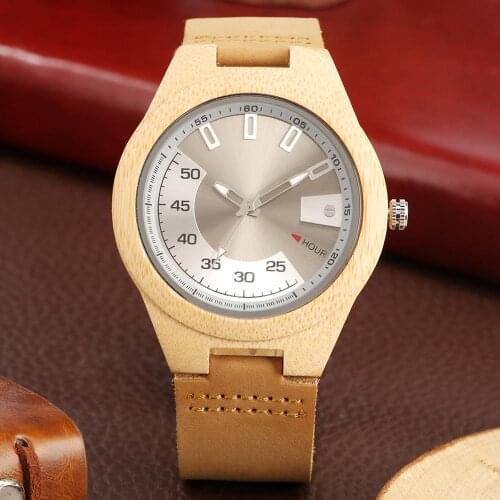 Nature Bamboo Wood Watch Creative Alloy Dial Hour and Minute Display Wooden Watches Leather Quartz Men Clock Relogio Masculino