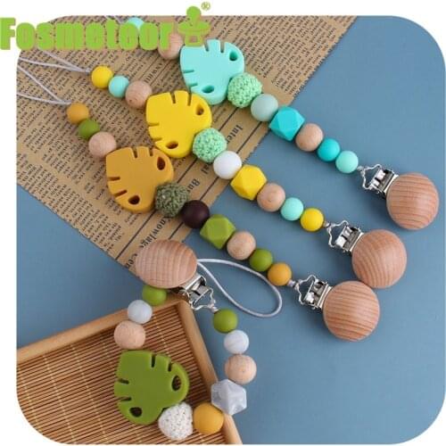 Fosmeteor 1pcs Food Grade Silicone Beads Teether Nursing Pacifier Clip Holder Chain Banana Leaf Nipple Holder for Infant