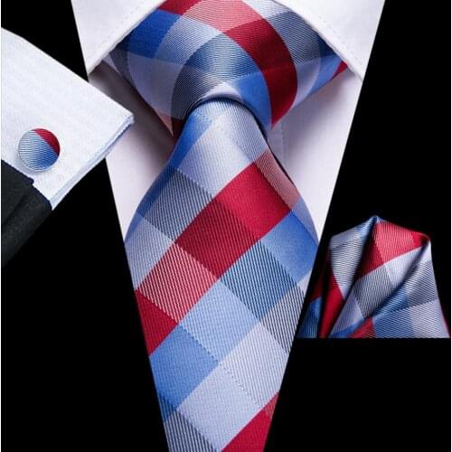 Hi-Tie Red Light Blue Plaid Silk Wedding Tie For Men Handky Cufflink Set Fashion Designer Gift For Mens Necktie Business Party