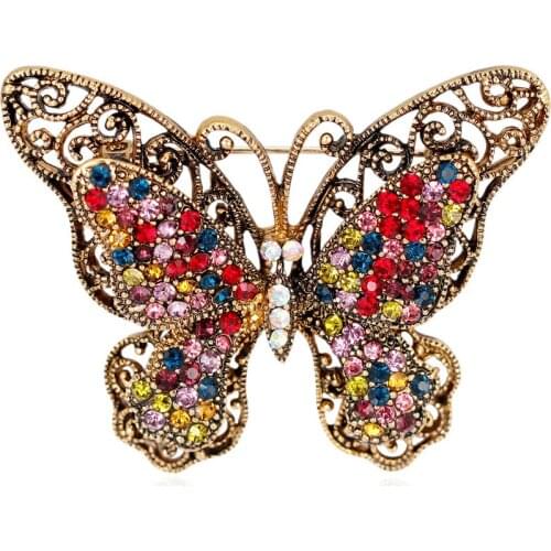 HOSENG Double Wings Hollow Retro Rhinestone Butterfly Brooch Party Gift Pin Women Fashion Accessoriess HS_1934