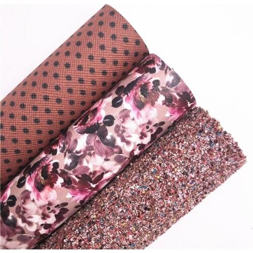 Brown Chunky Glitter Leather Matching with Plum Flowers Polka Dots Printed Synthetic Faux Vinyl Fabric for DIY Bow 21X29CM