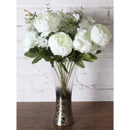 Artificial Plastic Silk Peony Flower Bouquet Fake 13 Flower Heads Vase Decoration Wedding Bride Flower Bouquet