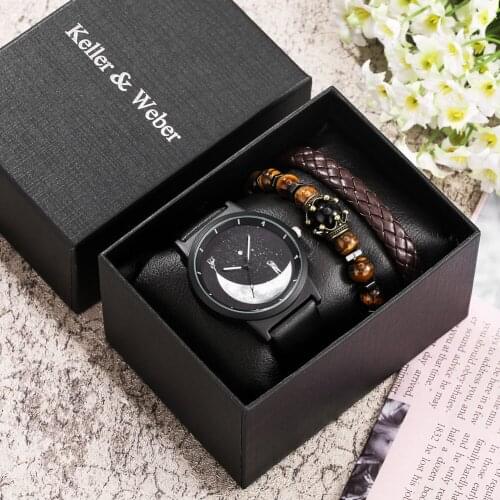 Fashion Watch for Men Quartz Wristwatches with 2 Bracelet Set Leather Band Watches 2021 Luxury Gift for Boyfriend