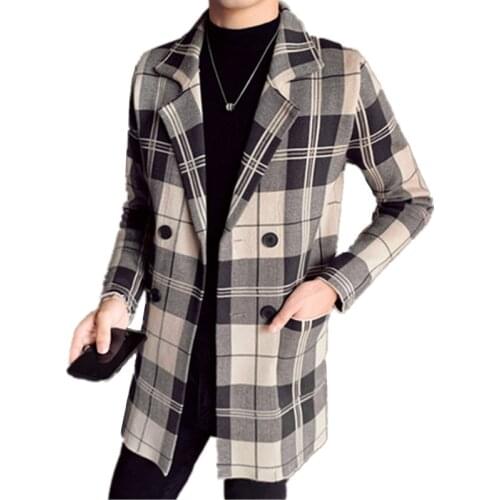 2021 Men Turn Down Collar Wool Knit Sweater Trench Coat / Male Double Breasted Fit Woolen Plaid Casual Long Windbreaker Jacket