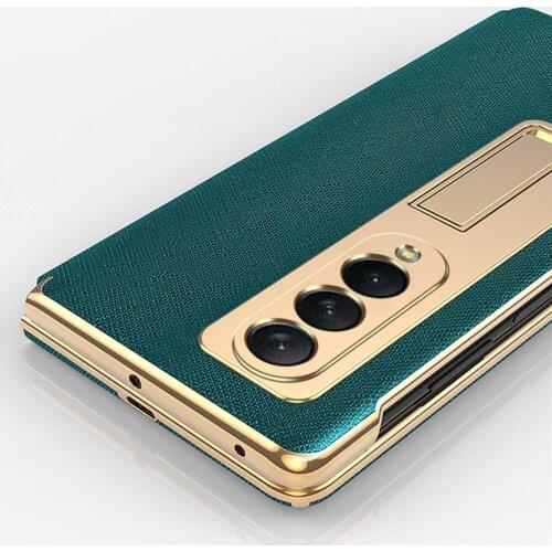 Soft Leather Case for Samsung Galaxy Z Fold 3 5G Slim Phone Shell Stand Foldable Full Protective Cover Bracket