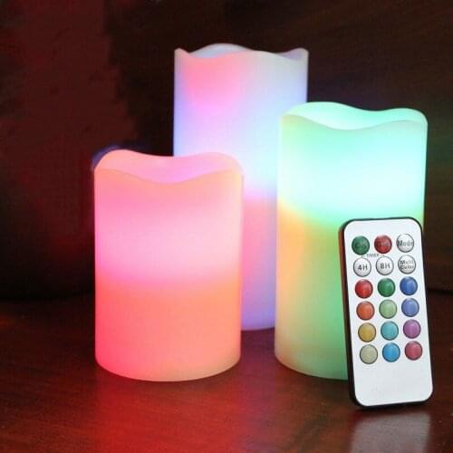 Set of 3 Round Melted Edge remote controled Flameless Wax Pillar Candle 4H/8H Timer function F/Home bar Wedding party-Multicolor