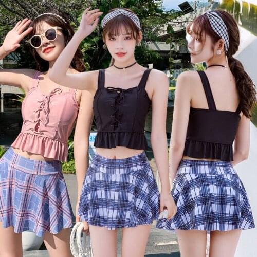2021 New Korea Style One Piece Swimsuit Women Lattice Swimwear Push Up Monokini Skirted Swim Suit Bikini Sets Bathing Suit