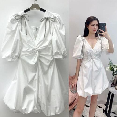 New Arrivals Summer Mini Dress Women 2021French palace style Hot Drill Tassels Puff Sleeve Dresses vestidos de fiesta