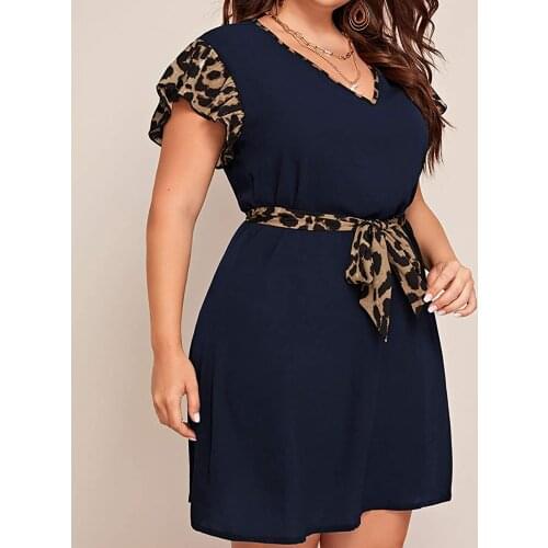 Women Robe Femme Summer Loose Dresses Color Matching Bandage V-Neck Short Sleeve Leopard Print Dress For Woman Vestido De Mujer