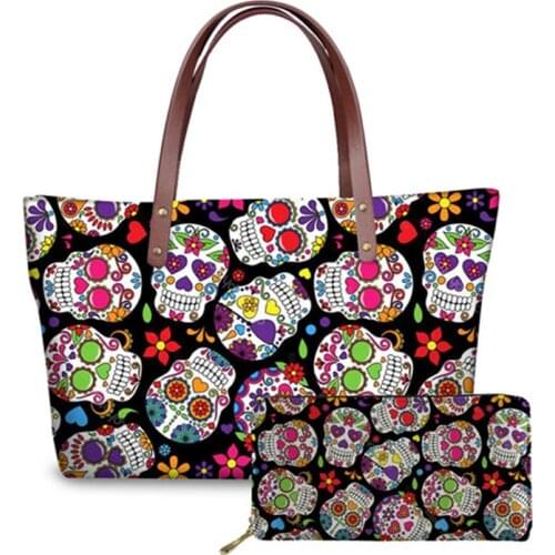 Luxury Women Brand Handbags purse Set Dense skull Printing HandBag&Wallet 2pcs/set Females Top-Handle Bags Custom bolsos mujer