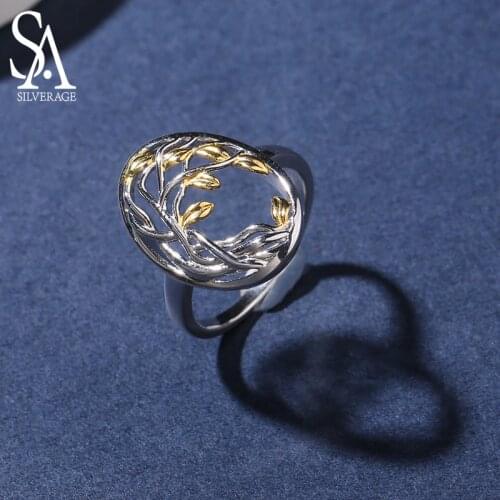 SA SILVERAGE Authentic 925 Sterling Silver Life Tree Shape Engagemant Wedding Ring 925 Silver Gold Color Plated Rings for Woman