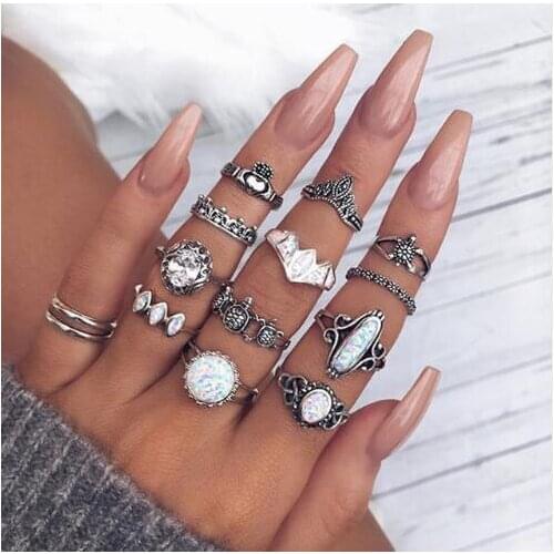 Silver Vintage Opal Knuckle Rings Set for Women Boho Hollow Crown Stainless Steel Bohemian Ring Anillo Mujer Wholesale Lots Bulk