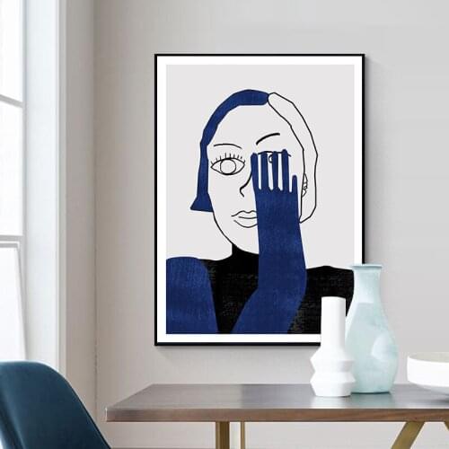 Blue Abstract female portrait with one eye Barcelona style modern decorative Picture Canvas Wall Art Poster for room office deco