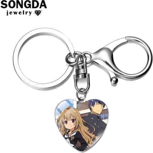 SONGDA Anime TIGER×DRAGON! Keychain Aisaka Taiga Figures Cartoon Patterns Glass Cabochon Heart Pendant Key Ring Holder Trinkets