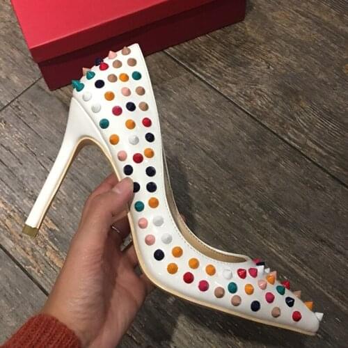 2019 Fashion free shipping new white Patent Leather spikes Poined Toe Stiletto high heel shoe pump HIGH-HEELED SHOE dress shoes