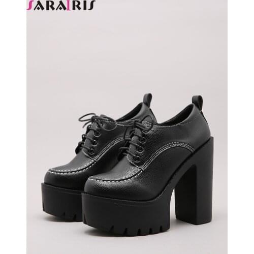 SaraIris Office Lady Black Pumps High Heels Goth Leisure Women Pumps Elegant Platform Lace Up Block Heel Spring Women Shoes