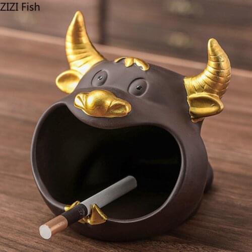 Creative Ceramic Golden Horn Bull Ashtray Frosted Cartoon Animal Large-capacity Windproof Ashtray Car Office Home Decoration New