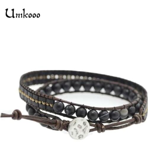 Unisex Bracelet Boho High Quality Seeds Beads Wrap Bracelet Leather Wrap Bracelet 2 Strands Matte Stone Rope Jewelry