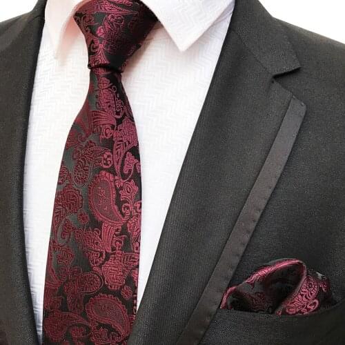 Vintage Burgundy Paisley Necktie Pocket Square Set High Quality Woven Cravat