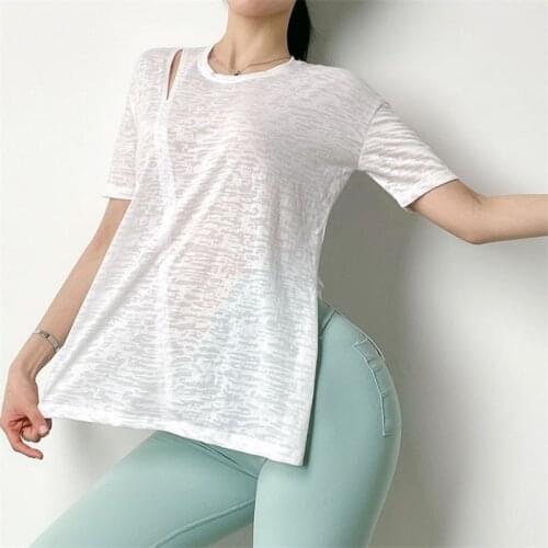 Women Summer Loose Short Sleeve Sport T Shirt Side Split Breathable Quick Dry Running Fitness Shirt Sexy Yoga Top Clothes